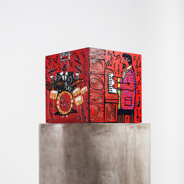 Musicians Red Cube by Fernando Sucre Technique: Acrylic and Plastic Measurements: 9" Cube Year: 2013