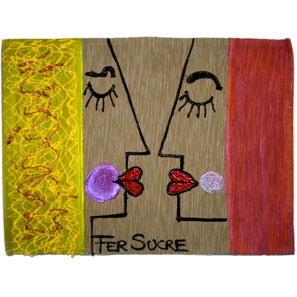 LOVE Place Mat by Fer Sucre on natural cotton Design only on front Technique: Acrylic and Plastic Measurements: 18.5"x 14"