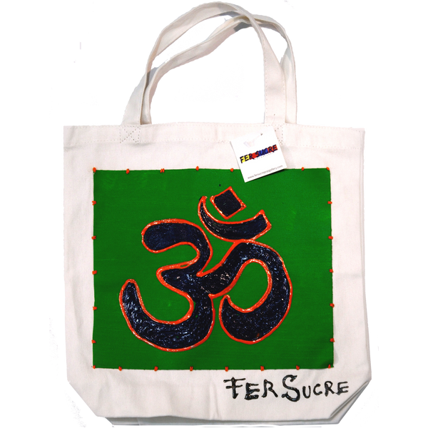 OM Small Bag by Fer Sucre on natural cotton Design only on front Technique: Acrylic and Plastic sewn on Cotton Measurements: 14"x 14", 5" handle