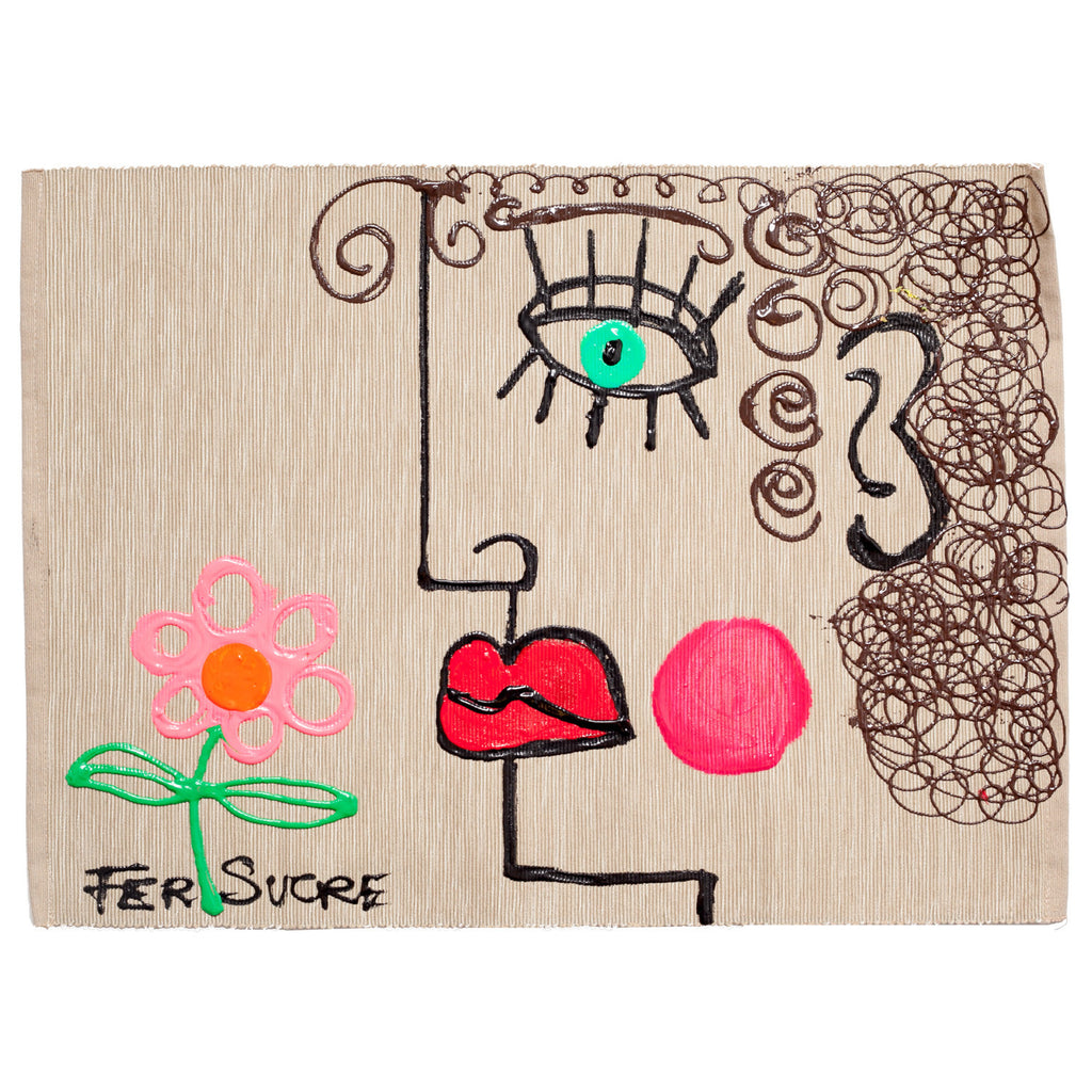A pink Flower Place Mat by Fer Sucre on natural cotton Design only on front Technique: Acrylic and Plastic Measurements: 18.5" x 14"