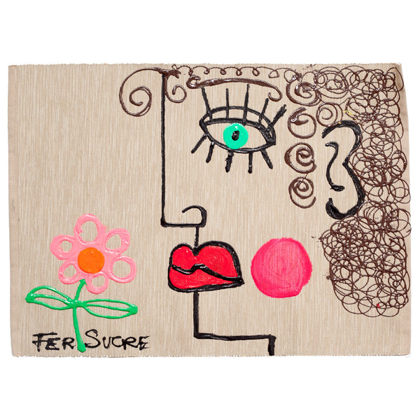 A pink Flower Place Mat by Fer Sucre on natural cotton Design only on front Technique: Acrylic and Plastic Measurements: 18.5" x 14"