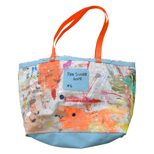 Beach Summer Pop Bag by Fer Sucre, in collaboration with designer Yaroslava Alonso Numbered #, Limited Edition of 8, handmade, frayed edges, handpainted from a