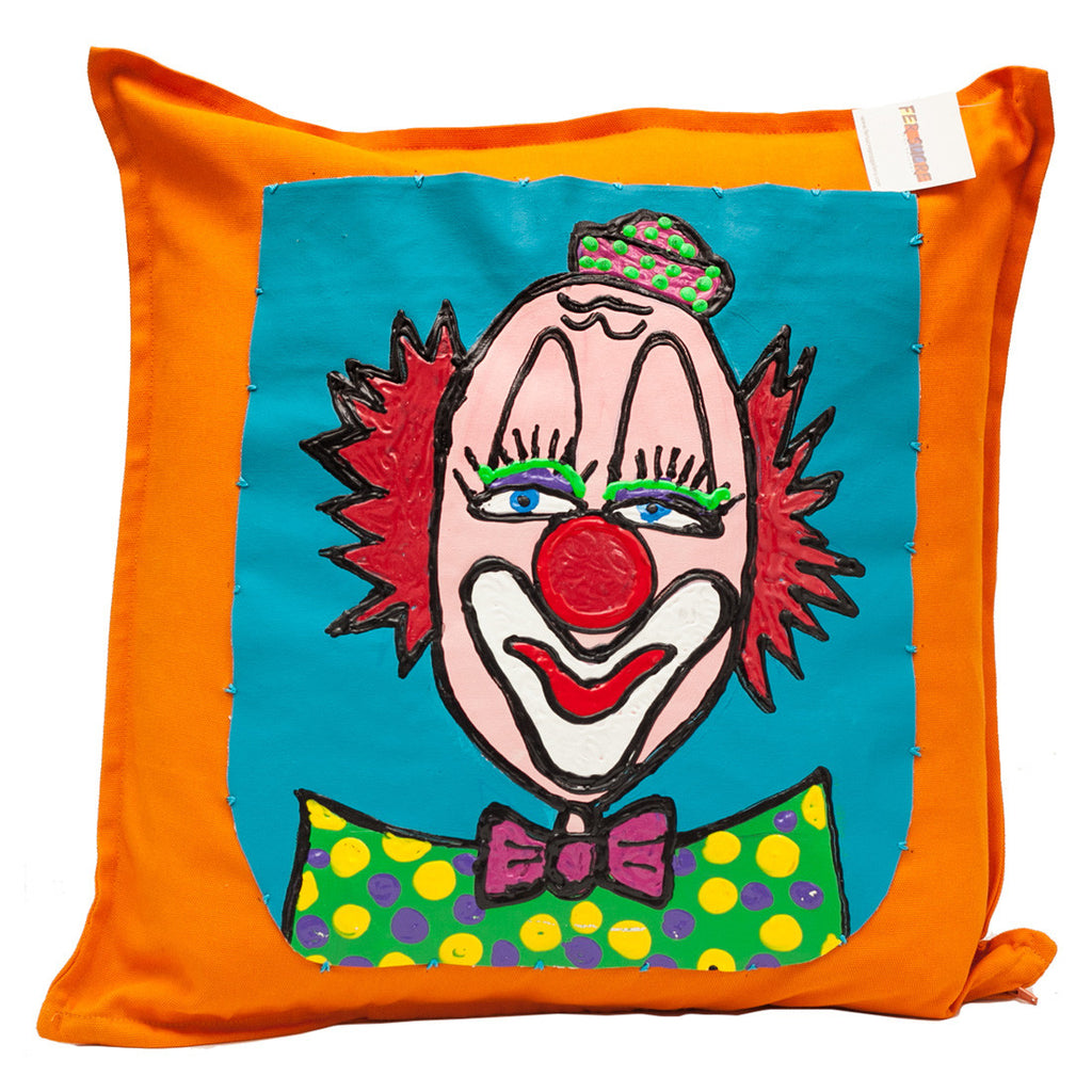Clown Pillow by Fer Sucre on orange cotton .Design only on front, zipper access, 