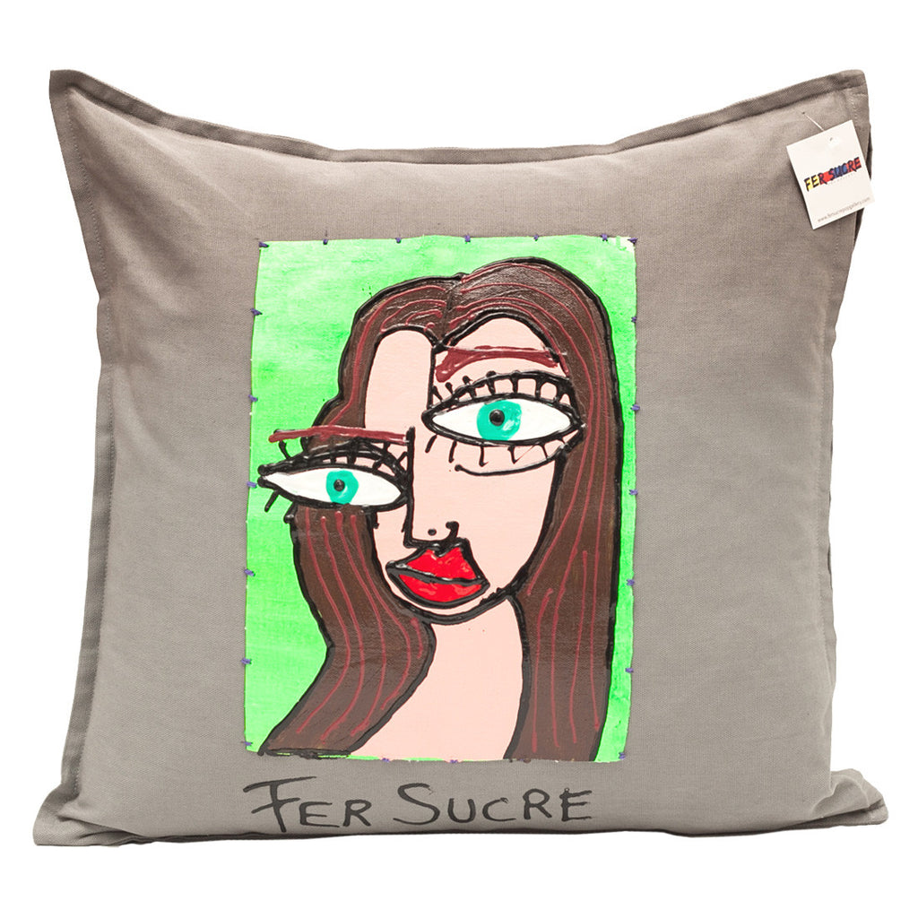 Picasso green Woman Pillow by Fer Sucre on grey  cotton .Design only on front, zipper access