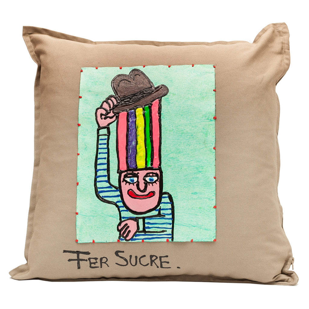  Pillow by Fer Sucre on khaki cotton.Design only on front, zipper access