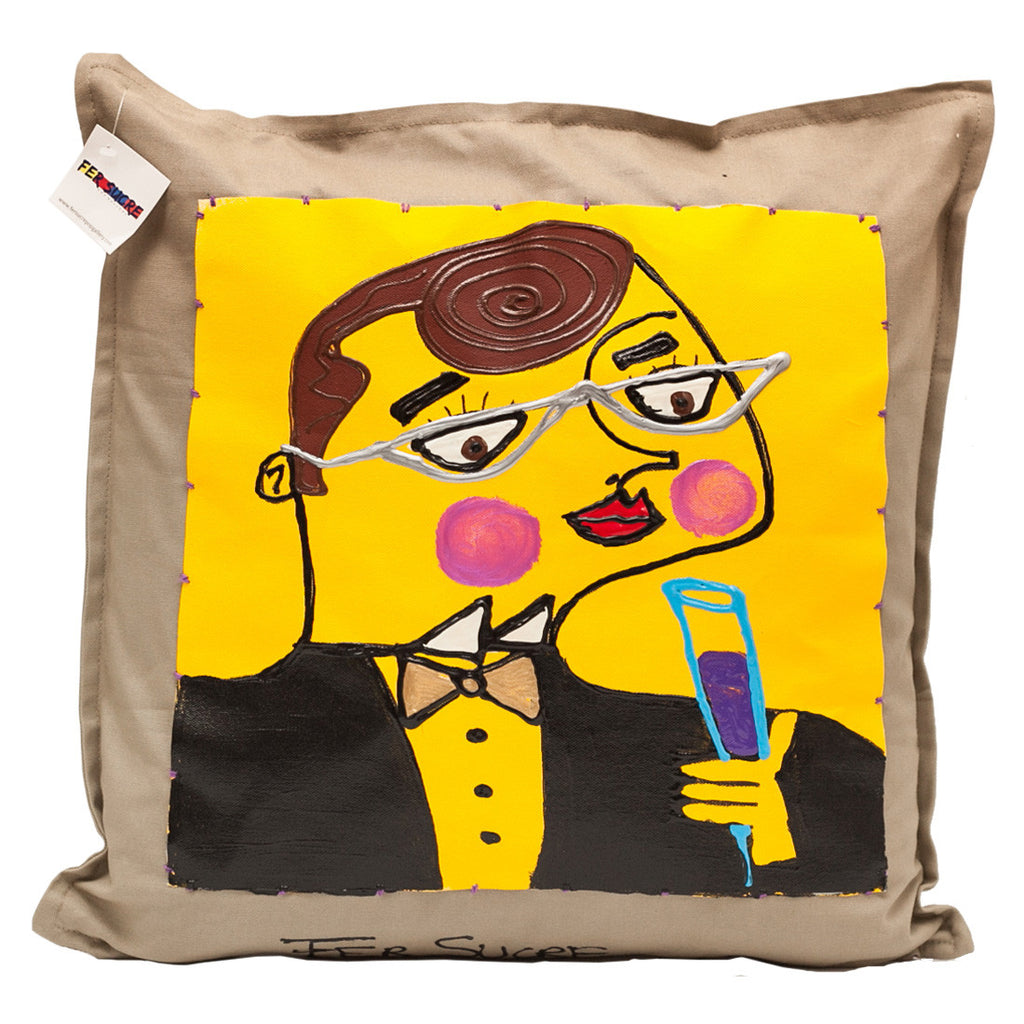 Men with a drink Pillow by Fer Sucre on Khaki cotton.Design only on front, zipper access