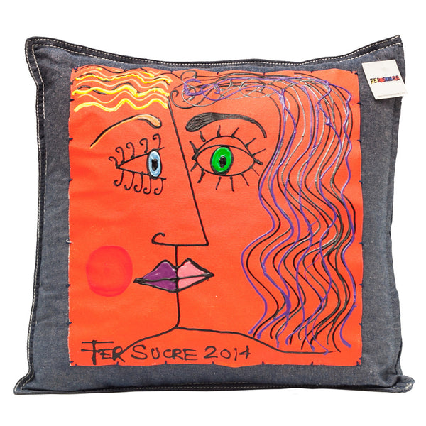 Kissing Faces  Pillow by Fer Sucre on blue cotton denim .Design only on front, zipper access