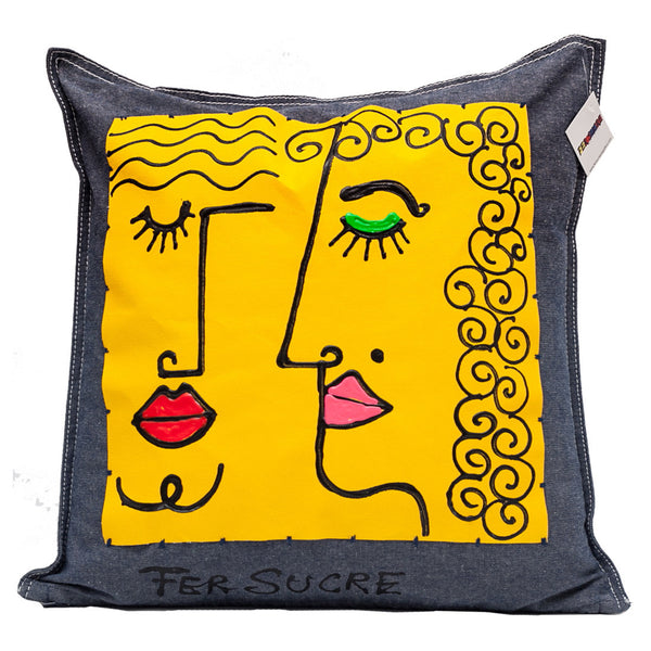 Duo Pillow by Fer Sucre on blue cotton denim  Design on front Technique: Acrylic and Plastic  