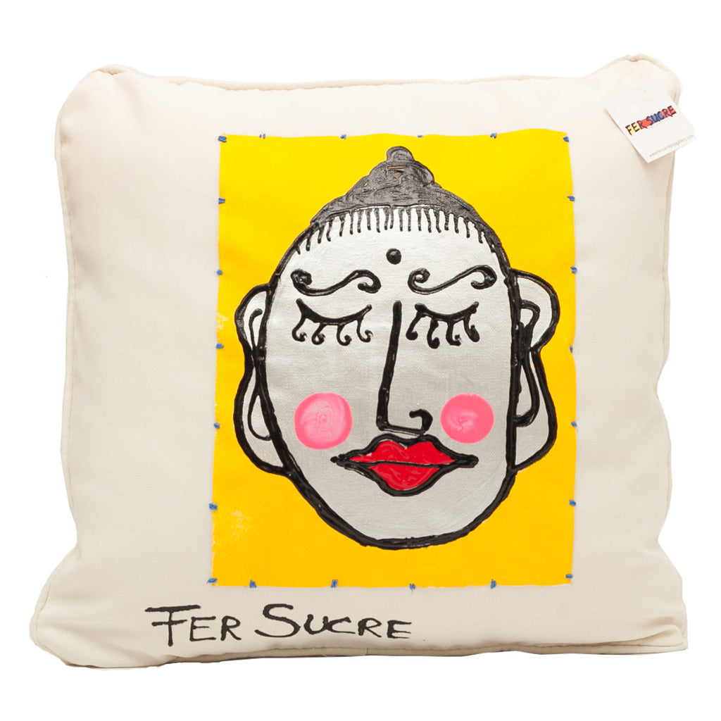Om Pillow by Fer Sucre on white cotton.Design only on front, zipper access