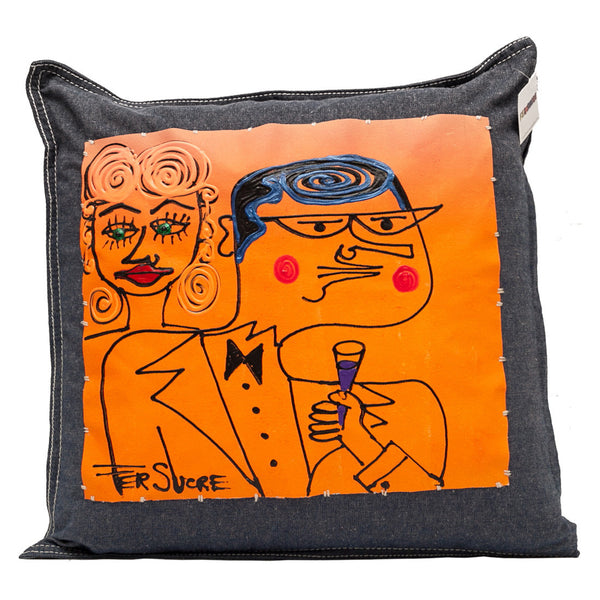 Cheers Couple Pillow painted by Fer Sucre on blue cotton denim 