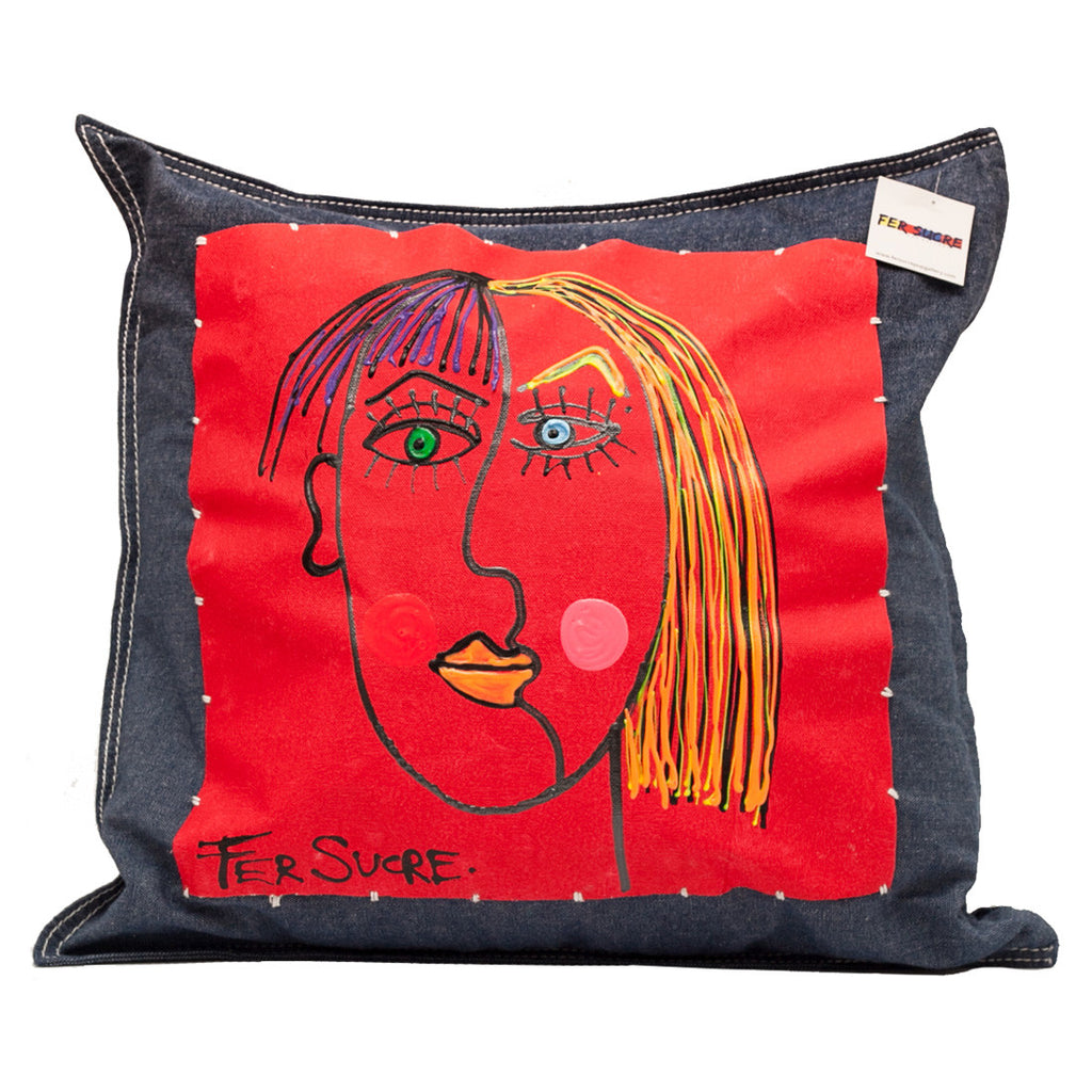 Woman Double  Face Pillow by Fer Sucre on blue cotton denim .Design only on front, zipper access
