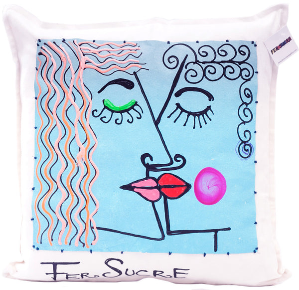 Blue Love Painted Pillow by Fer Sucre on white cotton Design only on front White top stitching accent Acrylic and Plastic  Measurements: 20"x 20"