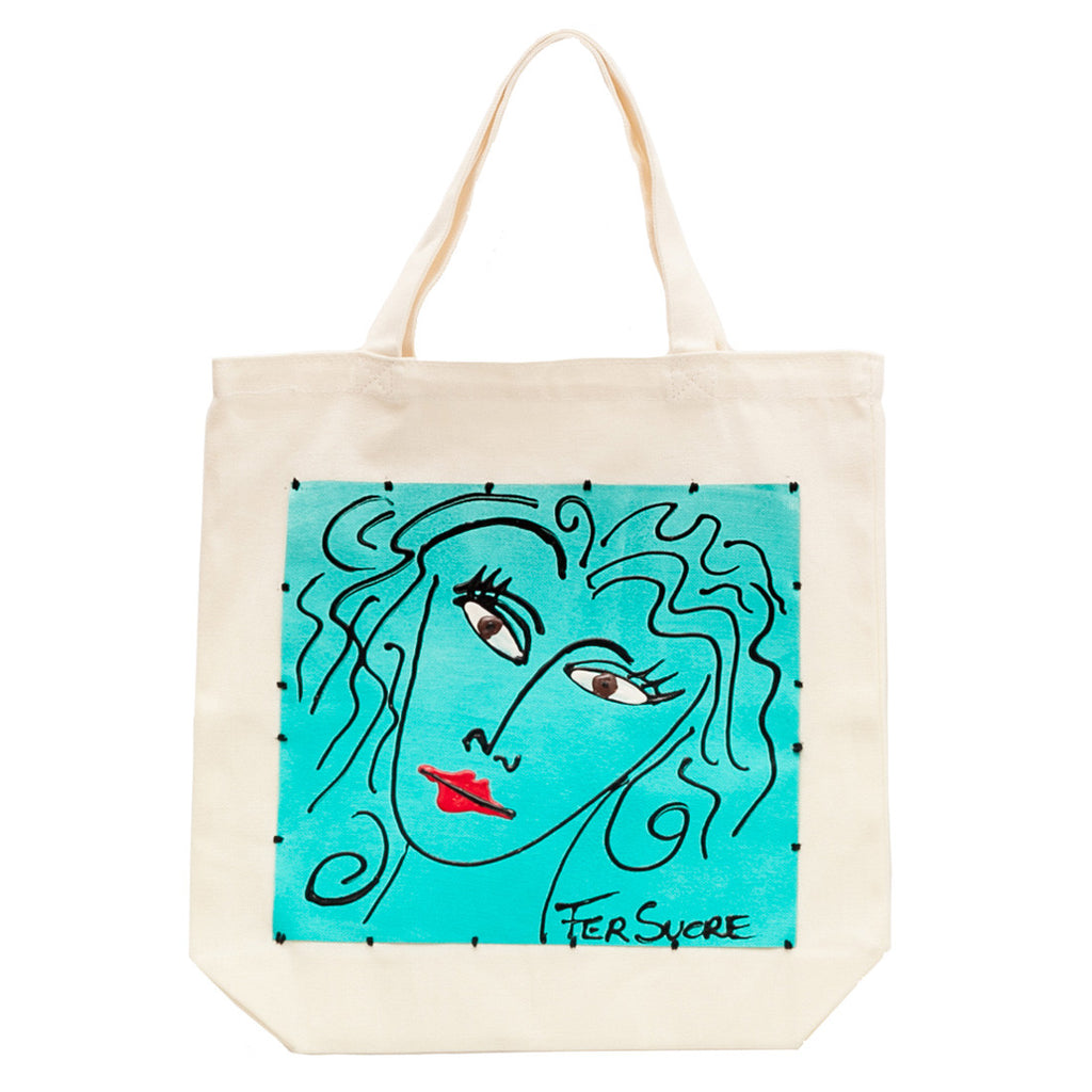 Woman in Aqua Bag by Fer Sucre on natural cotton.Acrylic and Plastic sewn on Cotton