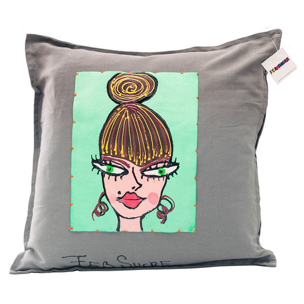 Green Lady Pillow Painted by Fer Sucre on grey cotton.Design only on front, zipper access
