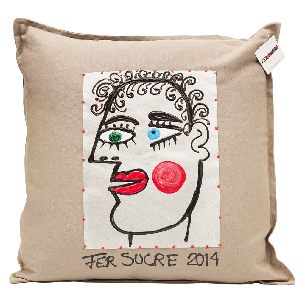 Picasso Pillow by Fer Sucre on Khaki cotton  Design only on front, zipper access  Technique: Acrylic and Plastic  Measurements:  20" x 20"
