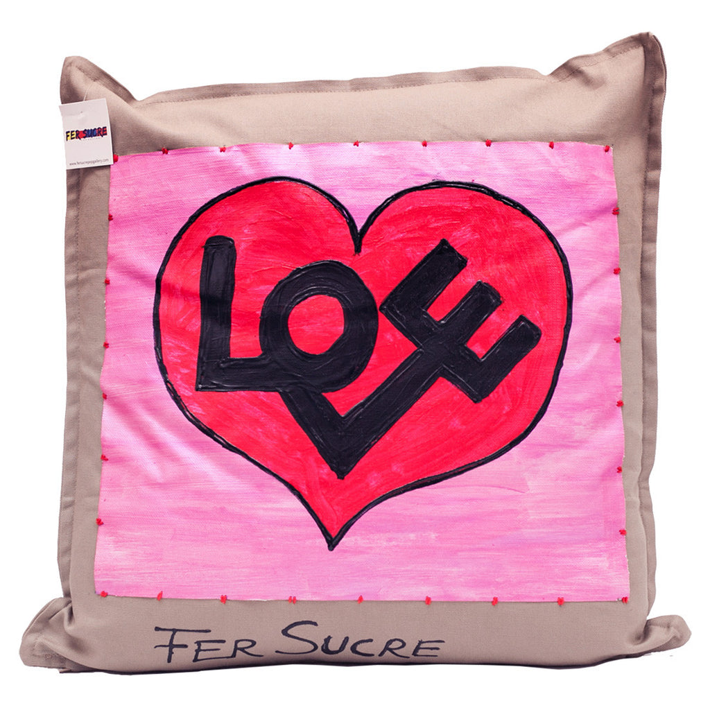 Love Pillow by Fer Sucre on khaki cotton denim.Design only on front, zipper access