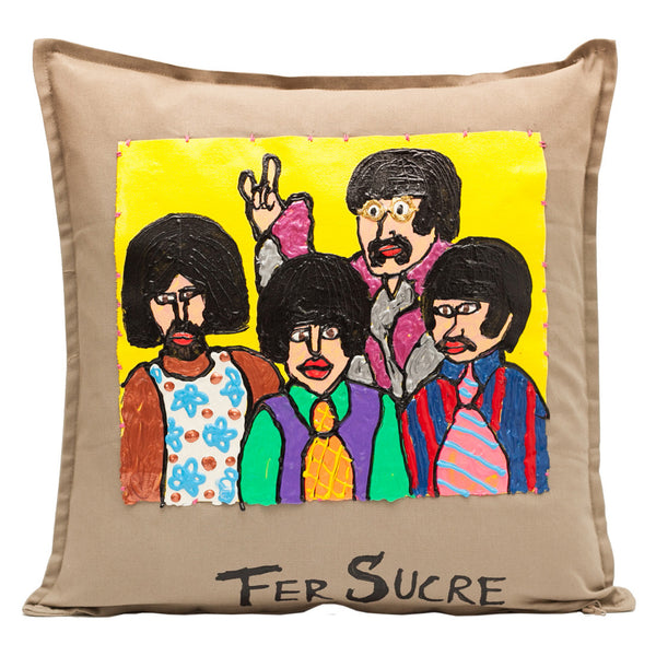 The Beatles Pillow by Fer Sucre on khaki cotton.Design only on front, zipper access