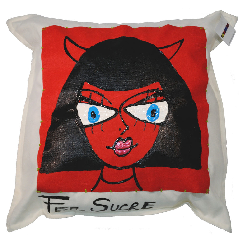 Devil Girl Pillow by Fer Sucre on white cotton  Design only on front, zipper access  Technique: Acrylic and Plastic  Measurements: 20" x 20"