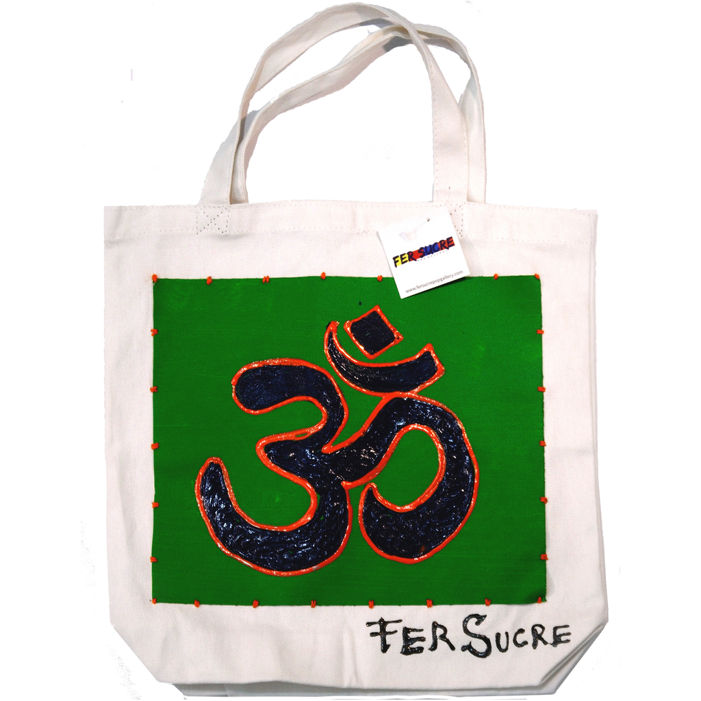 OM Small Bag by Fer Sucre on natural cotton Design only on front Technique: Acrylic and Plastic sewn on Cotton Measurements: 14"x 14", 5" handle