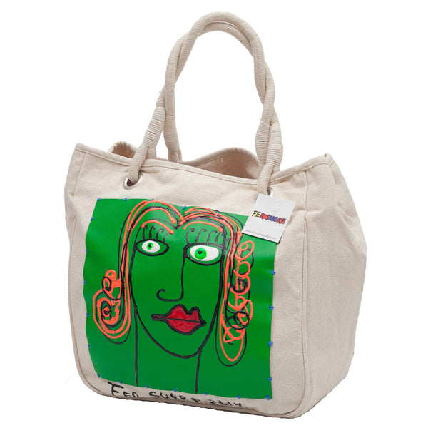Woman in Green  Bag with handles by Fer Sucre on natural cotton