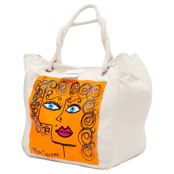 Curly Woman in orange  Bag with handles by Fer Sucre on natural cotton