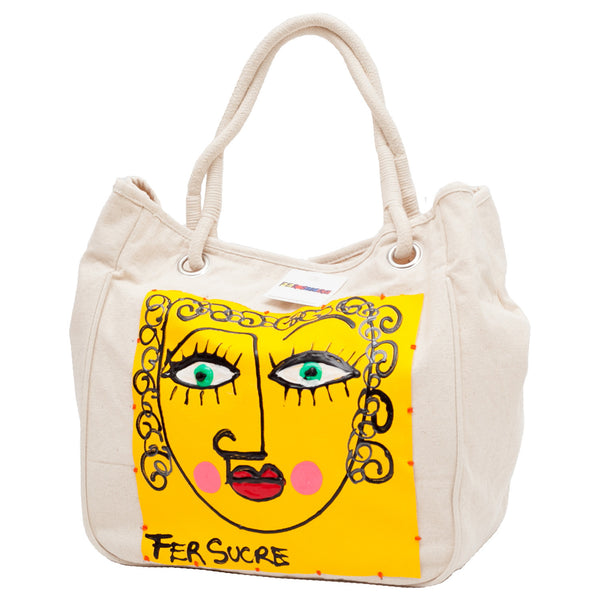 Curly Woman in yellow Bag with handles by Fer Sucre on natural cotton