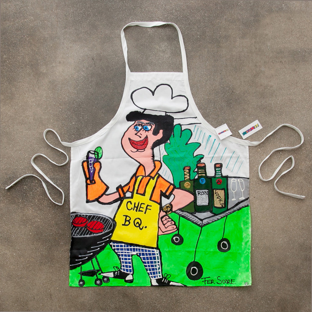 Professional Cotton Apron with Fer Sucre Painting in  front. Technique: Acrylic and Plastic May be custom made, please call our Gallery for details.