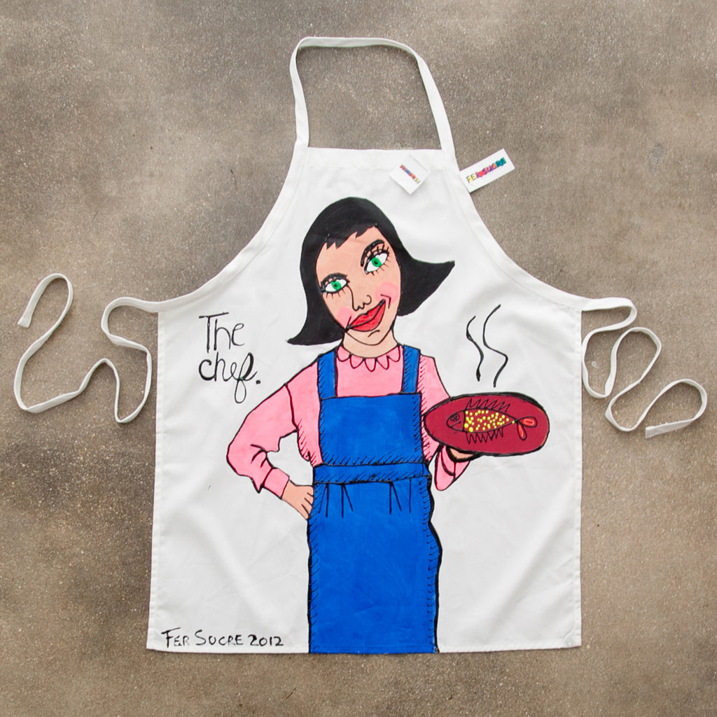 She Cook Apron painted by Fer Sucre in acrylic and plastic